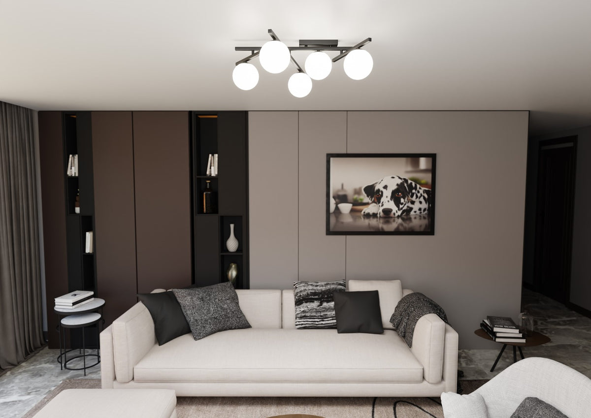 Plafondlamp gepoedercoat staal en glas Smart modern zwart met witte kappen, 67 x 25 cm, 5 fittingen