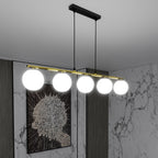 Hanglamp gepoedercoat staal en glas Allora 5 lichts, wit met zwart en goud, 105 cm breed, eetkamer