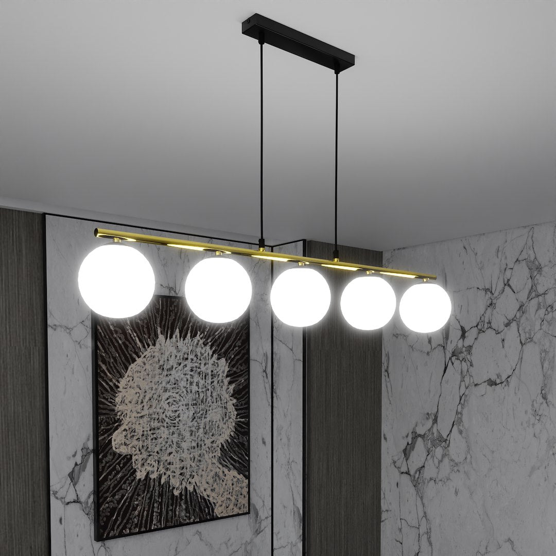 Hanglamp gepoedercoat staal en glas Allora 5 lichts, wit met zwart en goud, 105 cm breed, eetkamer