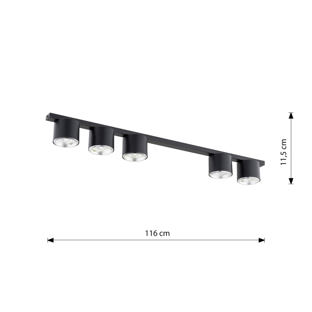 Plafondlamp zwart gepoedercoat staal minimalistisch Nano, 5 spots, 116 cm breed, voor woonkamer of hal