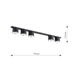 Plafondlamp zwart gepoedercoat staal minimalistisch Nano, 5 spots, 116 cm breed, voor woonkamer of hal
