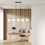 Hanglamp gepoedercoat staal en glas Allora 5 lichts, wit met zwart en goud, 105 cm breed, eetkamer