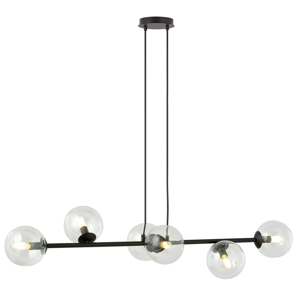 Zwarte hanglamp met horizontale stalen balk en zes transparante glazen kappen met zichtbare ledlampen