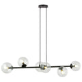 Zwarte hanglamp met horizontale stalen balk en zes transparante glazen kappen met zichtbare ledlampen