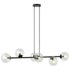 Zwarte hanglamp met horizontale stalen balk en zes transparante glazen kappen met zichtbare ledlampen