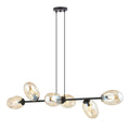Zwarte hanglamp met horizontaal frame en zes amberkleurige glazen kappen, opgehangen aan twee dunne stangen