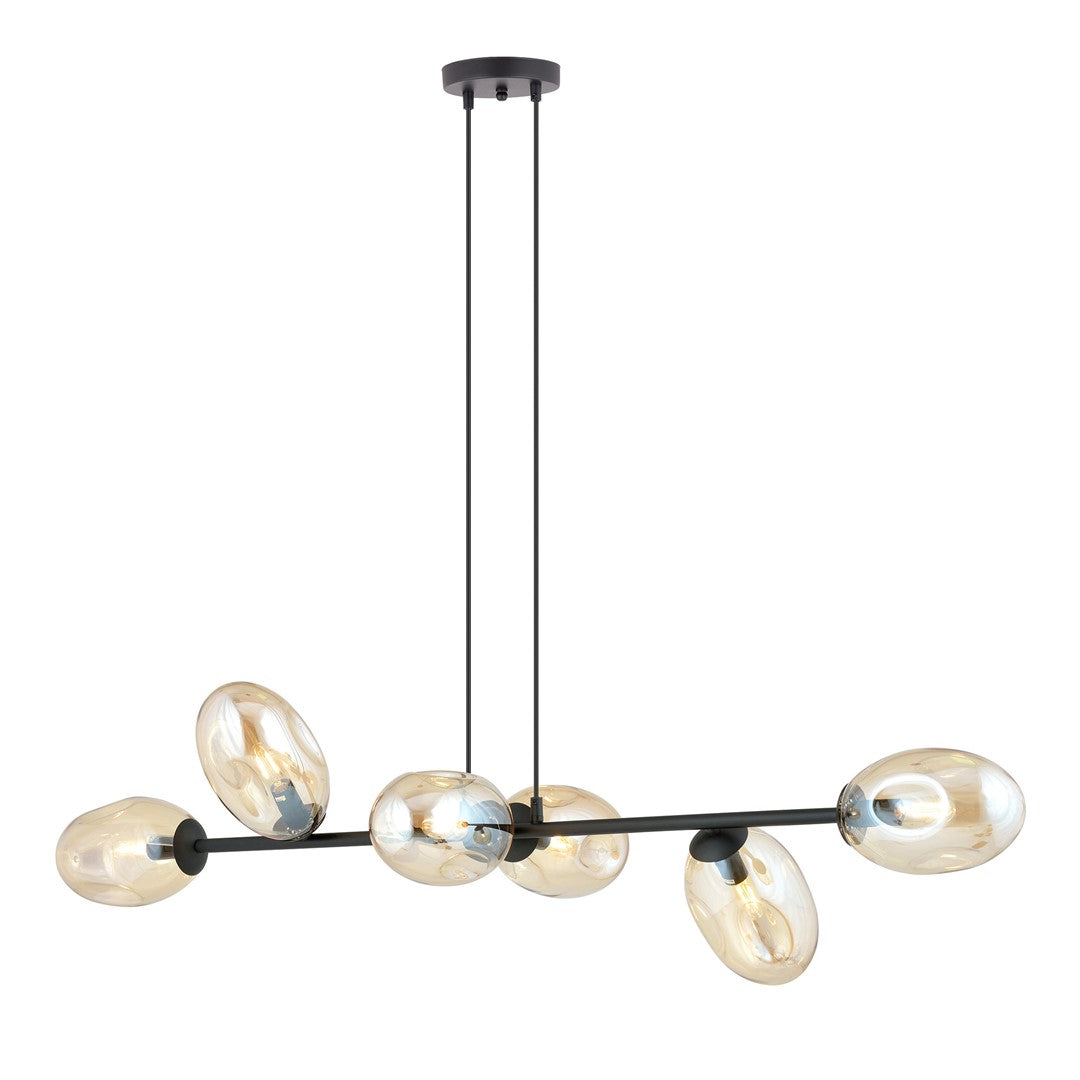 Zwarte hanglamp met horizontaal frame en zes amberkleurige glazen kappen, opgehangen aan twee dunne stangen