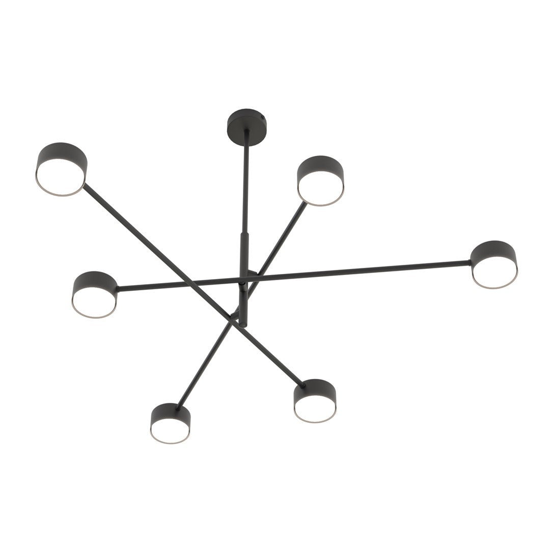 Zwarte plafondlamp met gekruiste armen en zes ronde lichtpunten op een witte achtergrond