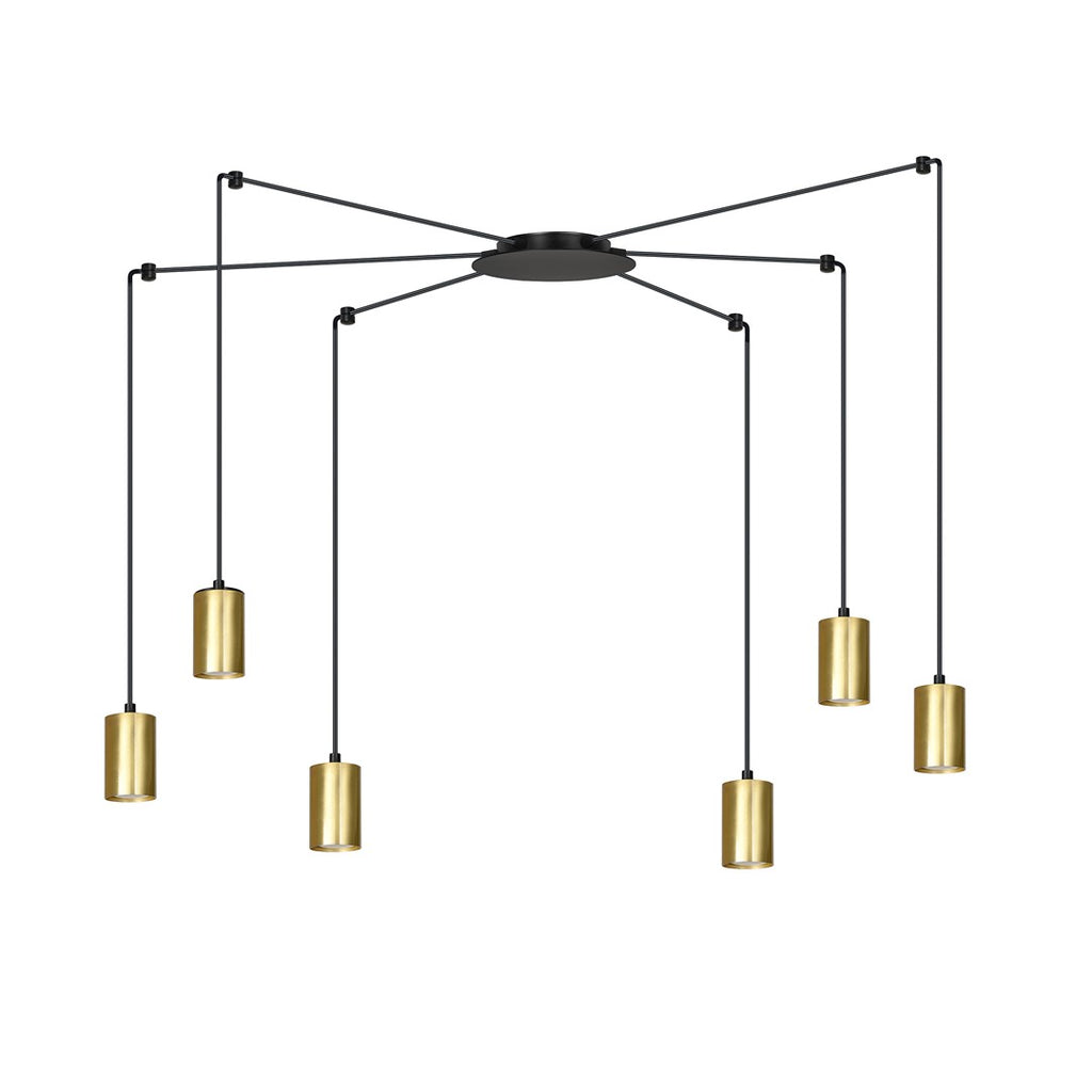 Zwarte hanglamp met zes lange snoeren en gouden cilindervormige buizen, uitwaaierend vanuit een rond plafondplaatje
