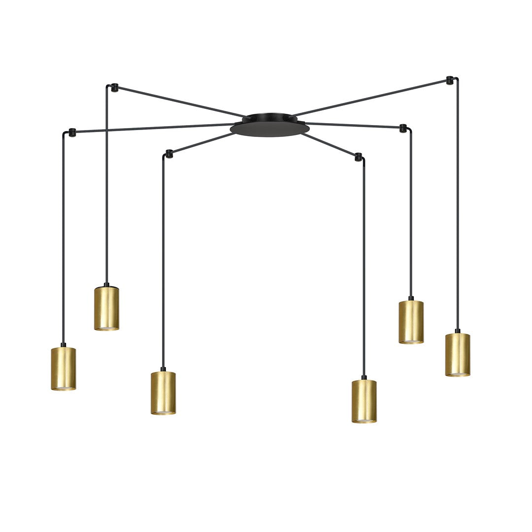 Zwarte hanglamp met zes lange snoeren en gouden cilindervormige buizen, uitwaaierend vanuit een rond plafondplaatje