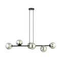 Zwarte hanglamp met horizontale balk en zes grafiet glazen bollen aan twee snoeren onder een ronde plafondkap