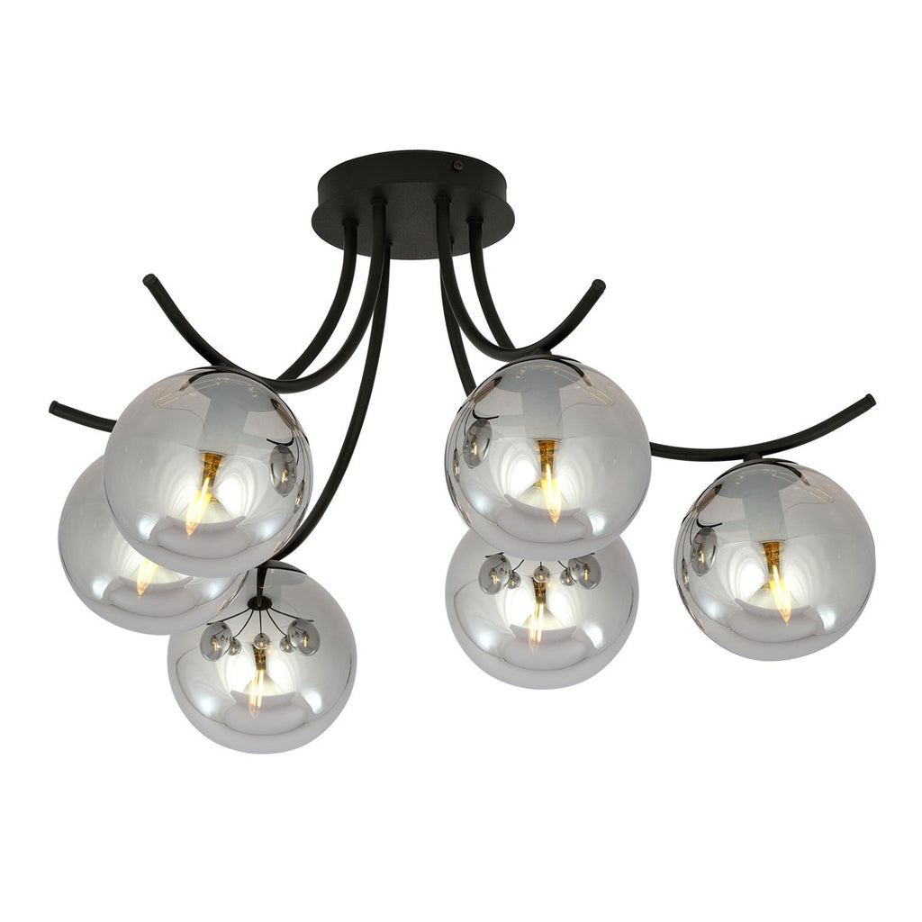 Zwarte plafondlamp met zes gebogen armen en zes ronde grafietkleurige glazen kappen