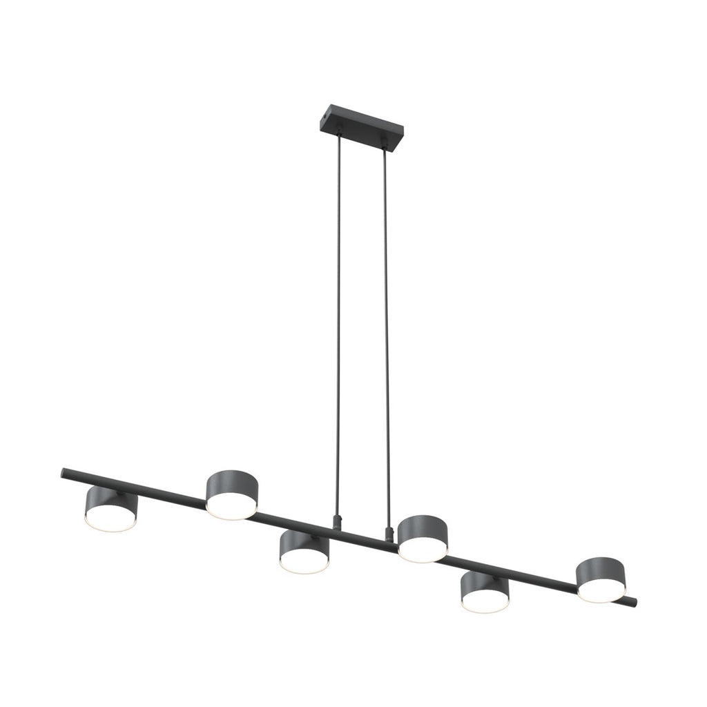 Zwarte hanglamp met horizontale balk en zes ronde spots, opgehangen aan twee dunne stangen