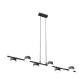 Zwarte hanglamp met horizontale balk en zes ronde spots, opgehangen aan twee dunne stangen