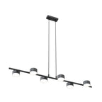 Zwarte hanglamp met horizontale balk en zes ronde spots, opgehangen aan twee dunne stangen