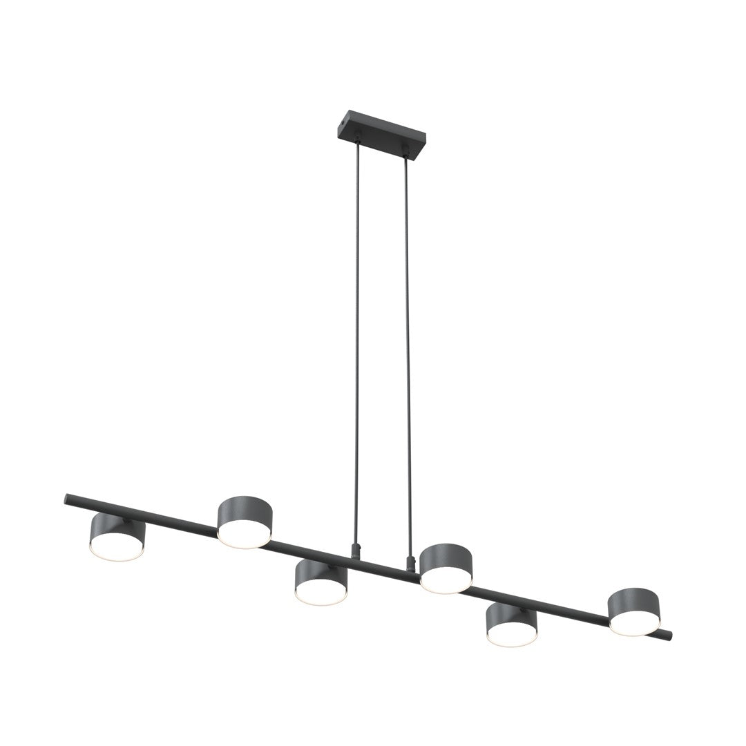 Zwarte hanglamp met horizontale balk en zes ronde spots, opgehangen aan twee dunne stangen