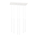 Witte hanglamp met zes slanke buisvormige pendels aan een rechthoekige plafondplaat