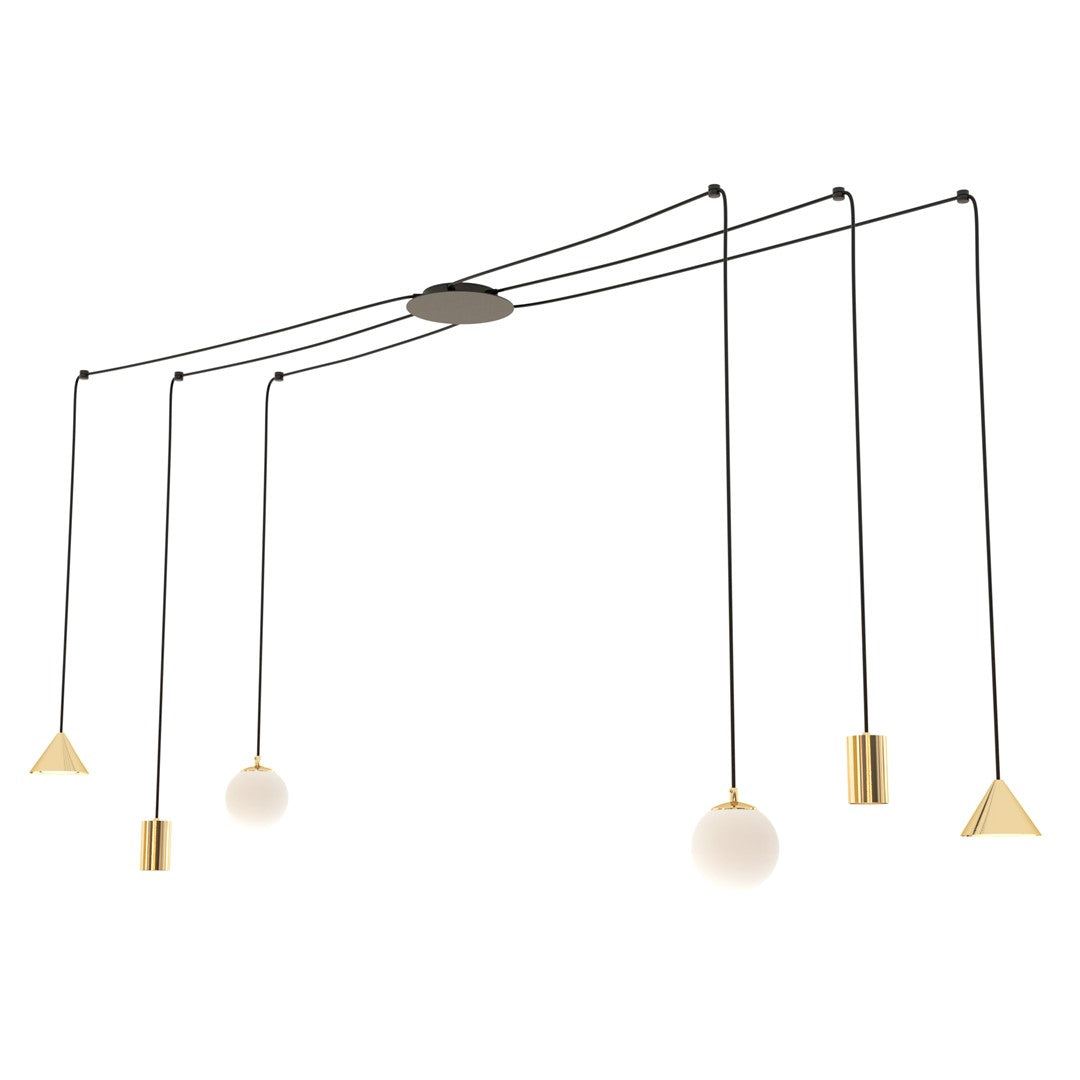 Spinnenlamp met zes zwarte snoeren en gouden kappen in kegel-, cilinder- en bolvorm, de bollen van wit glas