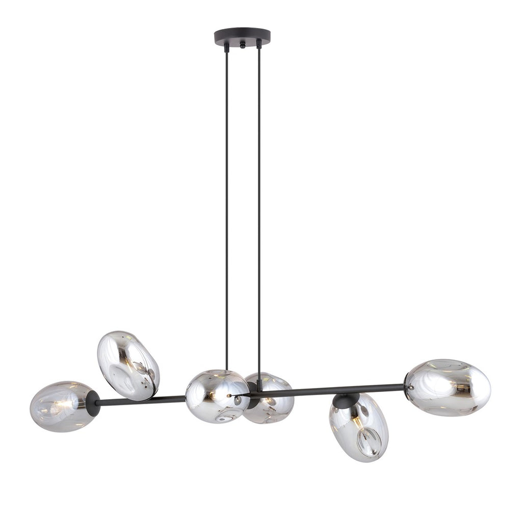 Zwarte hanglamp met horizontaal armatuur en zes organisch gevormde glazen kappen in grafiet
