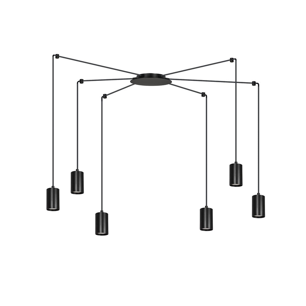 Zwarte hanglamp met zes buisvormige lampen aan lange snoeren rond een ronde plafondplaat