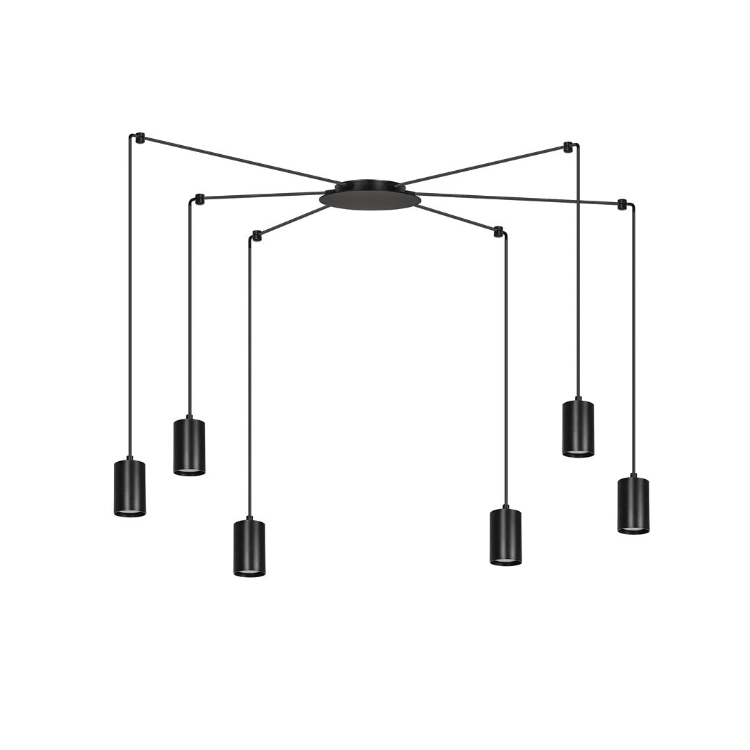 Zwarte hanglamp met zes buisvormige lampen aan lange snoeren rond een ronde plafondplaat