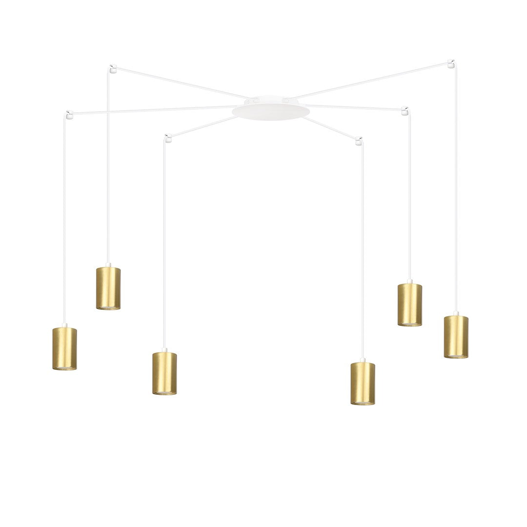 Witte hanglamp met zes armen en zes gouden cilindervormige lampen aan lange witte snoeren