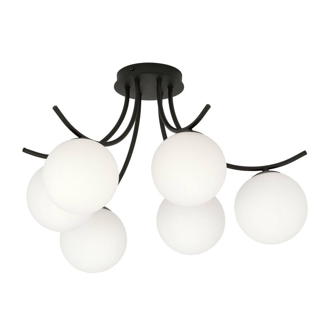Zwarte plafondlamp met zes gebogen armen en zes ronde witte glazen kappen