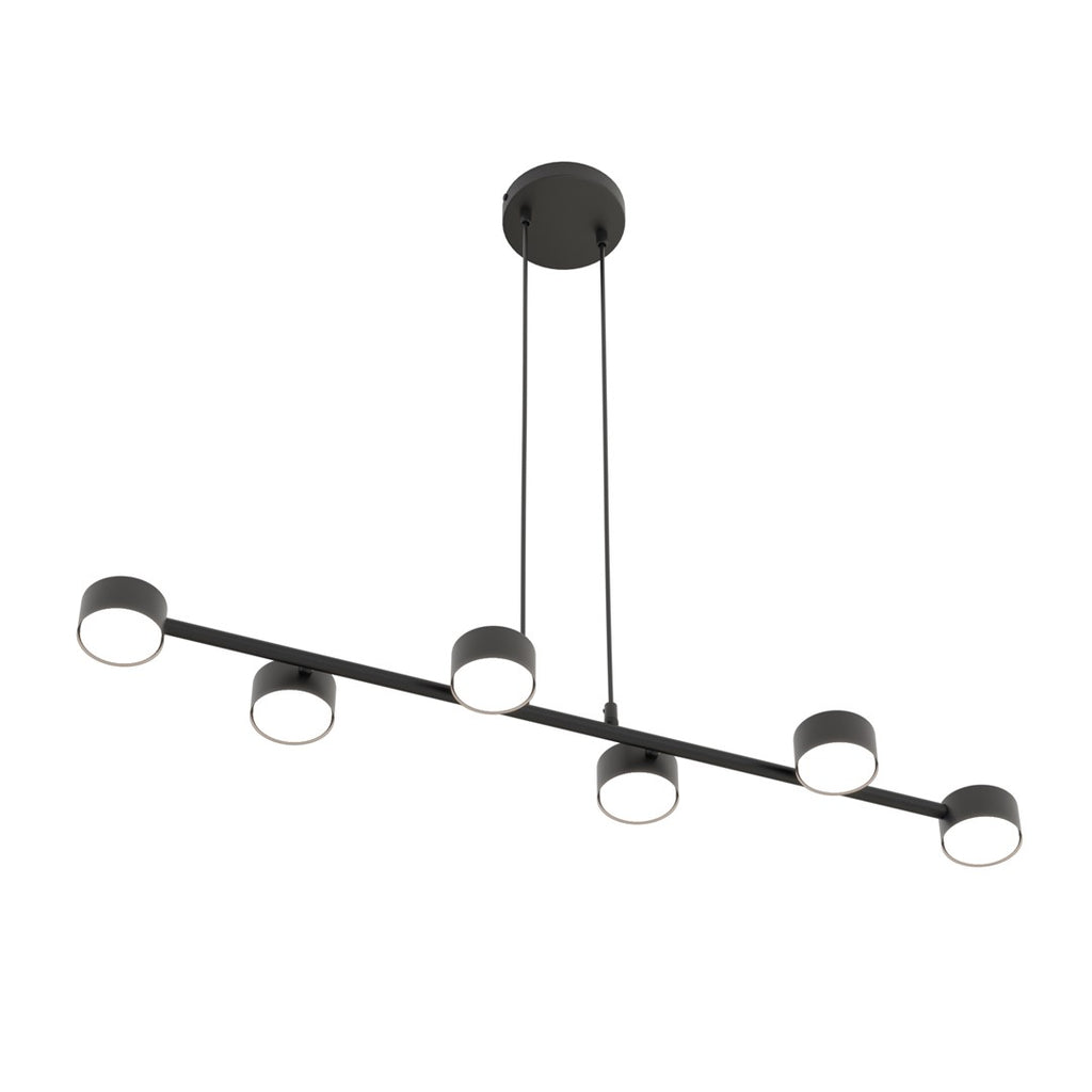 Zwarte hanglamp met horizontale balk en zes cilindervormige armaturen, opgehangen aan twee dunne staven