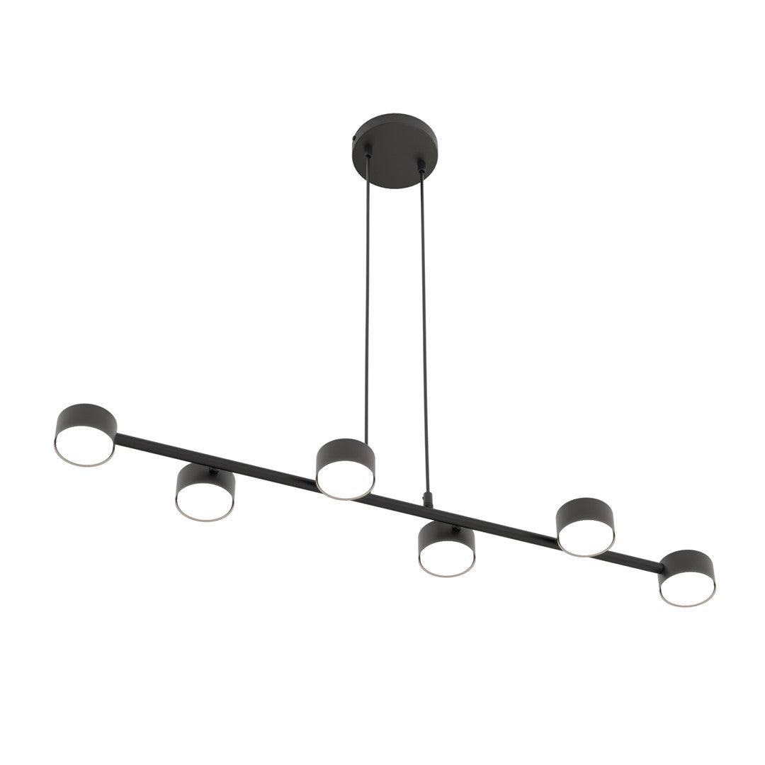 Zwarte hanglamp met horizontale balk en zes cilindervormige armaturen, opgehangen aan twee dunne staven