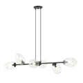 Zwarte hanglamp met zes transparante glazen kappen aan een horizontale stalen balk en twee ophangsnoeren