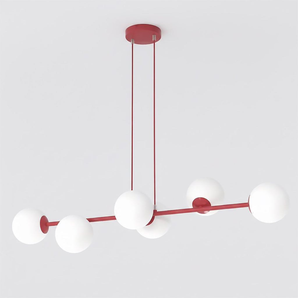 Bordeauxrode hanglamp met horizontale stang en zes witte bolvormige kappen, opgehangen aan twee dunne snoeren