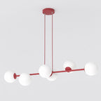 Bordeauxrode hanglamp met horizontale stang en zes witte bolvormige kappen, opgehangen aan twee dunne snoeren