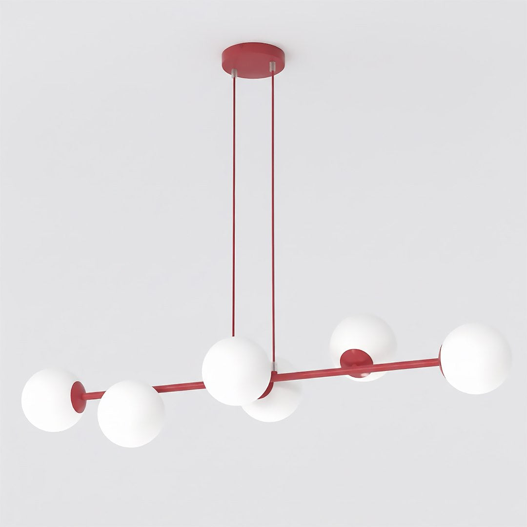 Bordeauxrode hanglamp met horizontale stang en zes witte bolvormige kappen, opgehangen aan twee dunne snoeren