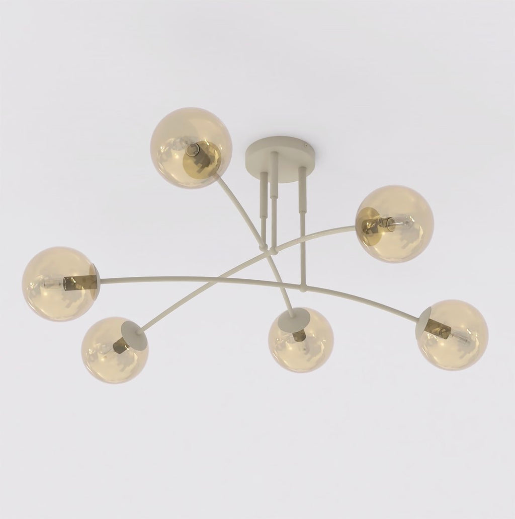 Beige plafondlamp met zes gebogen armen en bolvormige amberkleurige glazen kappen
