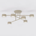 Beige plafondlamp met kruisarm-ontwerp en zes ronde kappen met wit lichtvlak aan de onderzijde