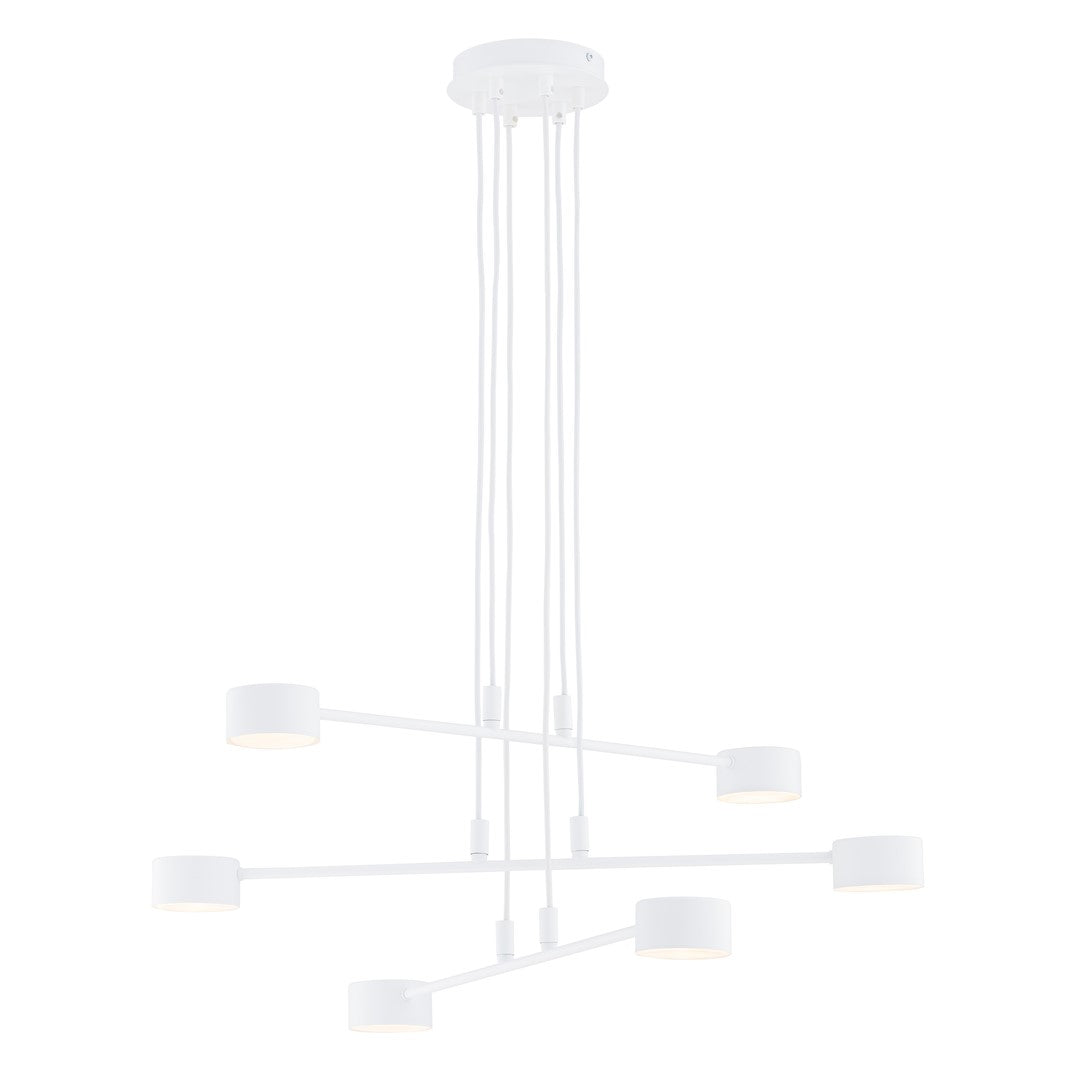 Witte hanglamp met drie kruisende armen en zes ronde lampkoppen aan witte snoeren onder een ronde plafondplaat
