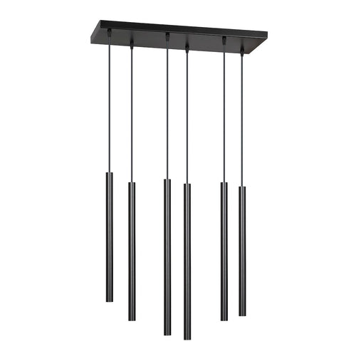 Zwarte hanglamp met zes lange, slanke buizen aan een rechthoekige plafondplaat