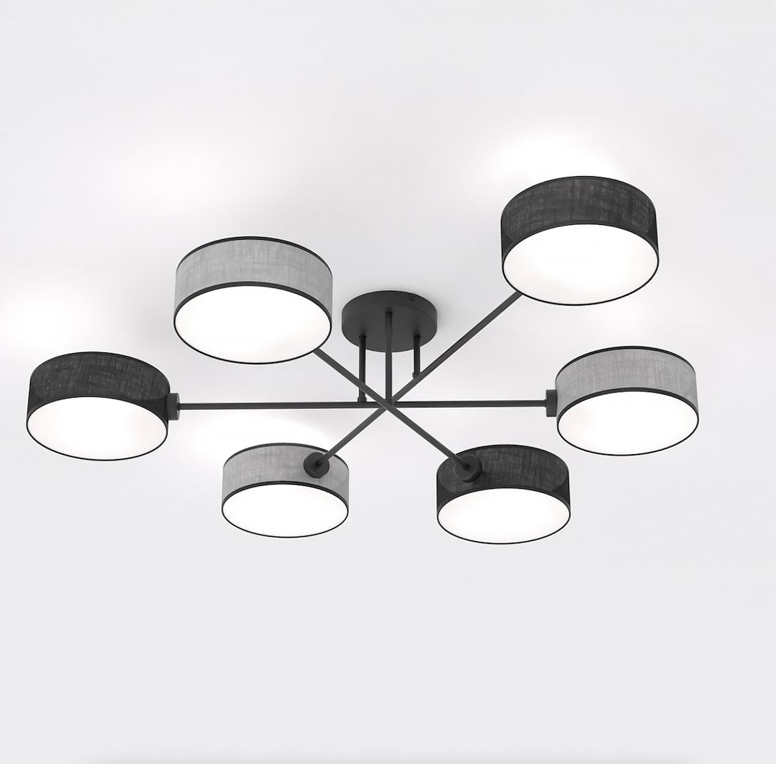 Zwarte plafondlamp met zes armen en cilindrische kappen in zwart en grijs met gevlochten structuur