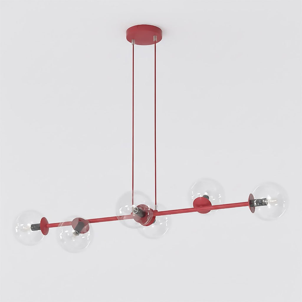 Horizontale bordeauxrode hanglamp met zes transparante glazen bollen aan twee ophangsnoeren