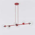 Horizontale bordeauxrode hanglamp met zes transparante glazen bollen aan twee ophangsnoeren