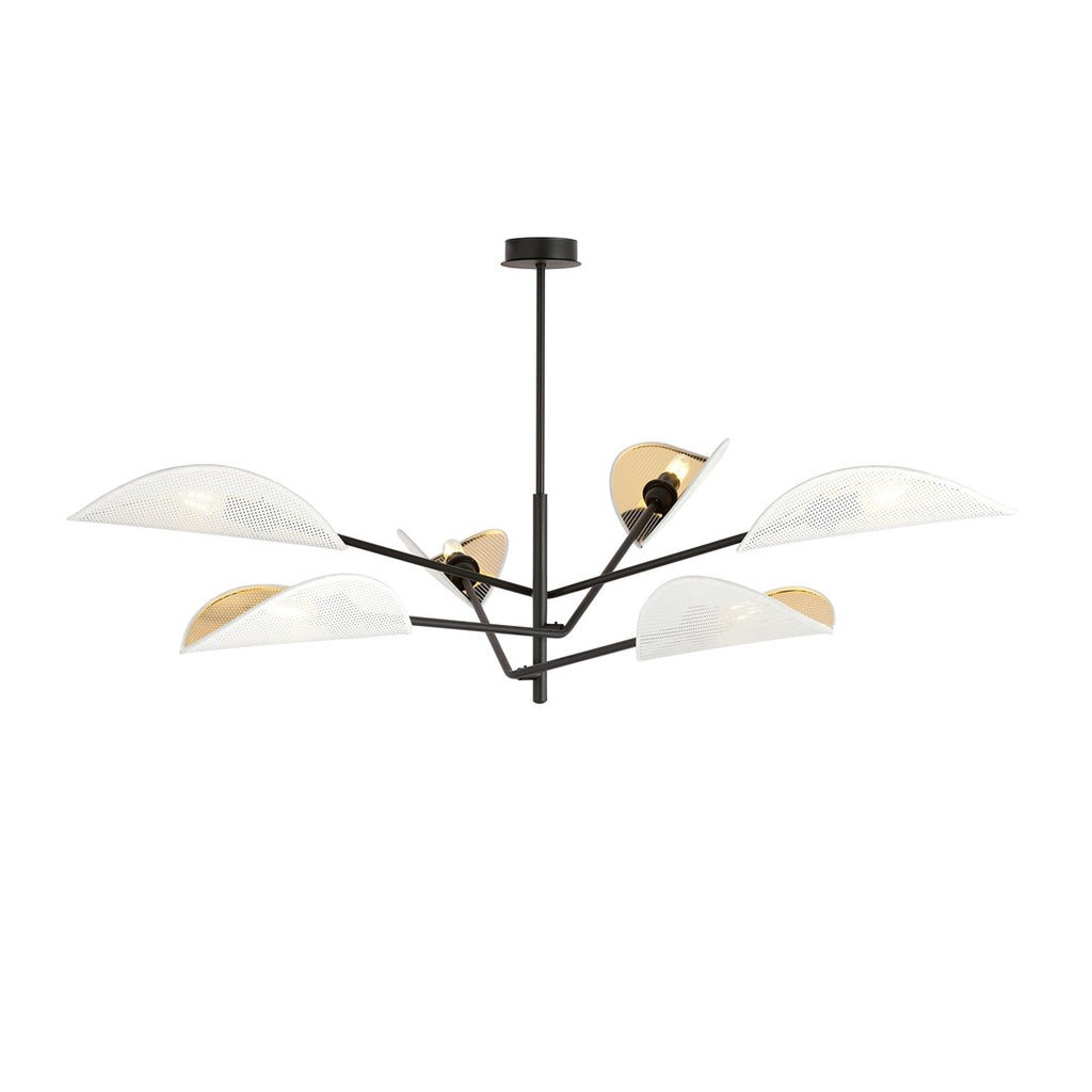 Plafondlamp met zes bladvormige witte kappen met goudkleurige binnenkant aan een zwart metalen frame