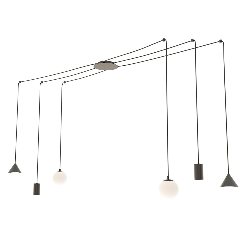 Zwarte spider hanglamp met zes snoeren en kappen in kegel-, bol- en cilindervorm aan een ronde plafondplaat