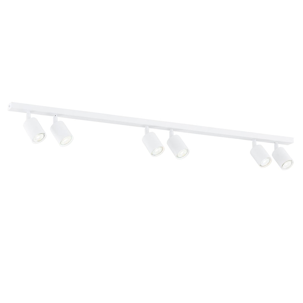 Witte plafondlamp met lange smalle balk en zes cilindervormige spots