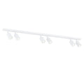 Witte plafondlamp met lange smalle balk en zes cilindervormige spots