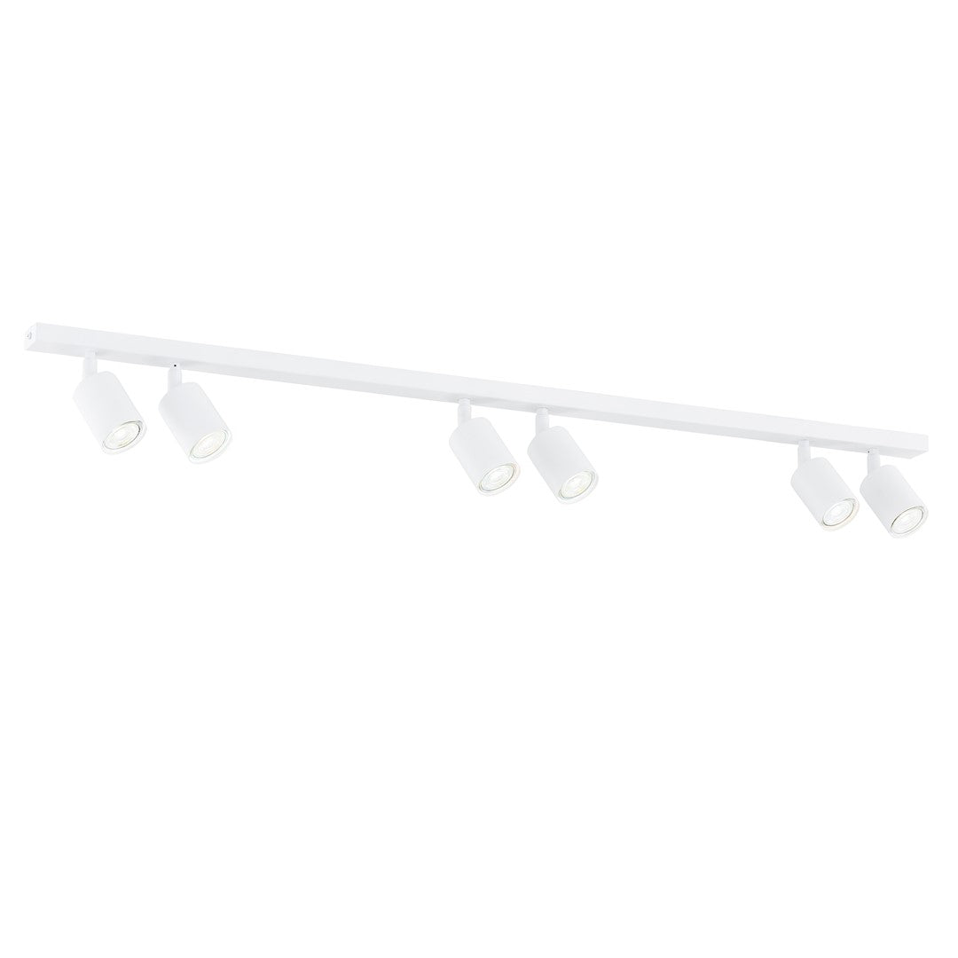 Witte plafondlamp met lange smalle balk en zes cilindervormige spots