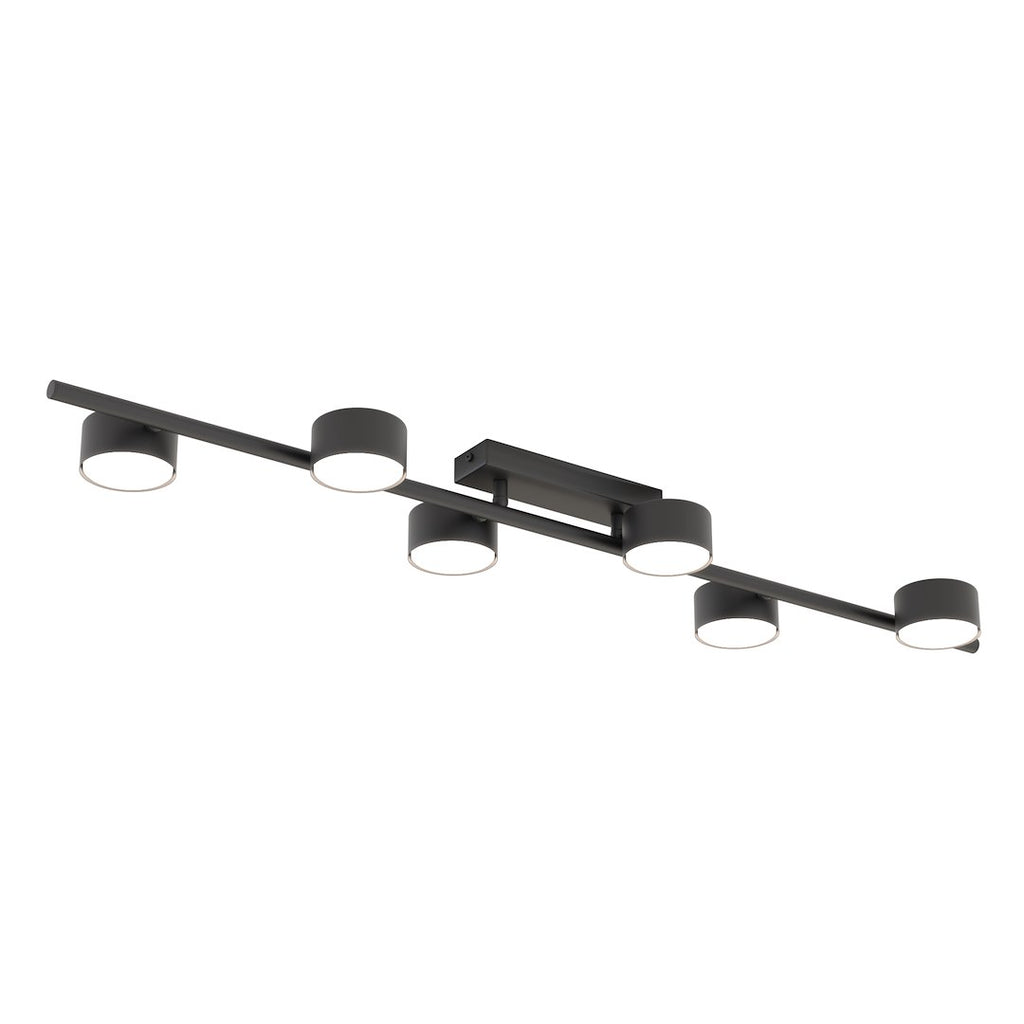 Zwarte plafondlamp met horizontale balk en zes cilindrische armaturen met wit lichtvlak aan de onderkant
