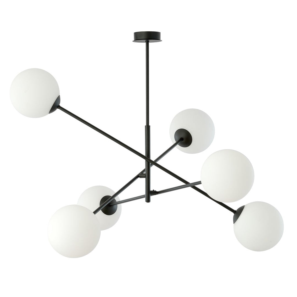 Zwarte hanglamp met zes ronde witte glazen kappen aan kruisende stalen armen