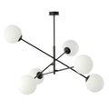 Zwarte hanglamp met zes ronde witte glazen kappen aan kruisende stalen armen
