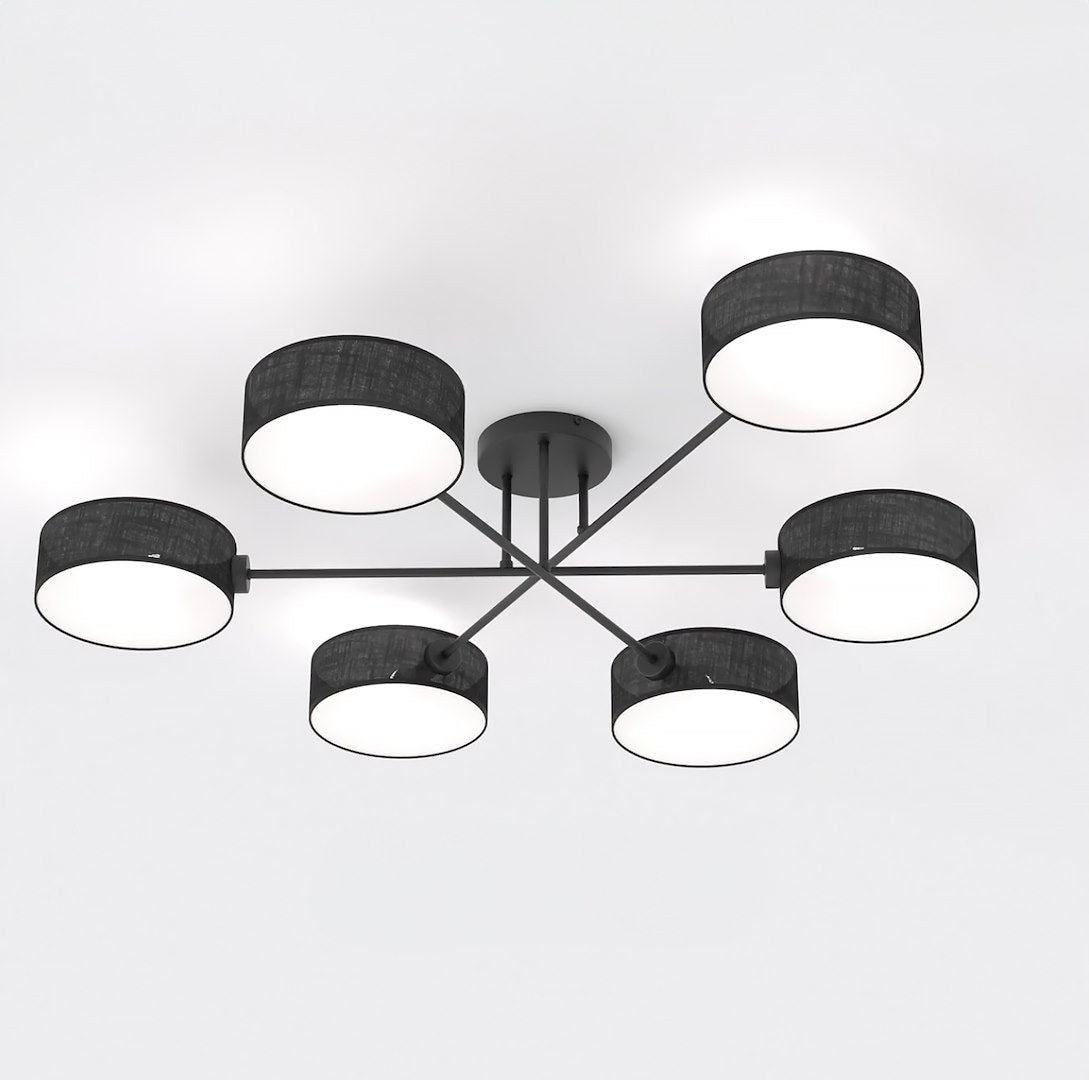 Zwarte plafondlamp met zes armen en zes cilindrische lampenkappen met gevlochten structuur