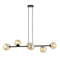 Zwarte hanglamp met horizontale stalen balk en zes amberkleurige glazen bollen aan twee zwarte ophangkabels